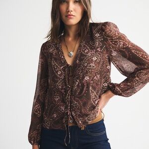 Abercrombie & Fitch Long-Sleeve Tie-Front Top - Brown Pattern, Small